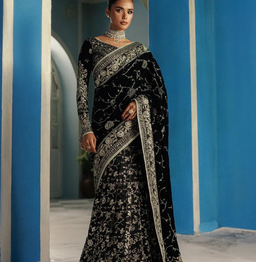 Luxury Black Velvet Embroidered Saree with Chiffon Detailing by Salai Karai USA