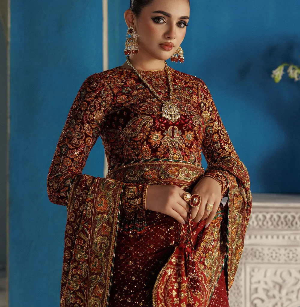 Alternative view of Luxury Maroon Velvet Embroidered Saree by Salai Karai USA