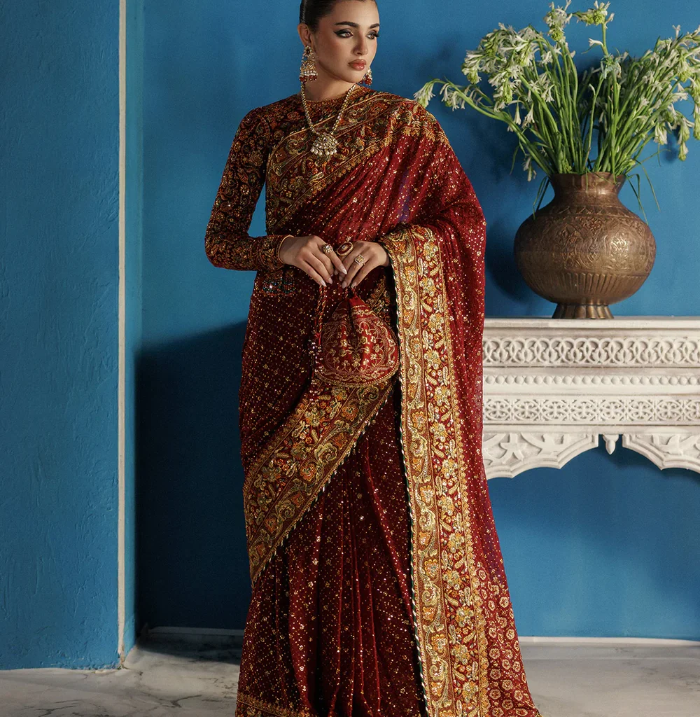 Luxury Maroon Velvet Embroidered Saree by Salai Karai USA