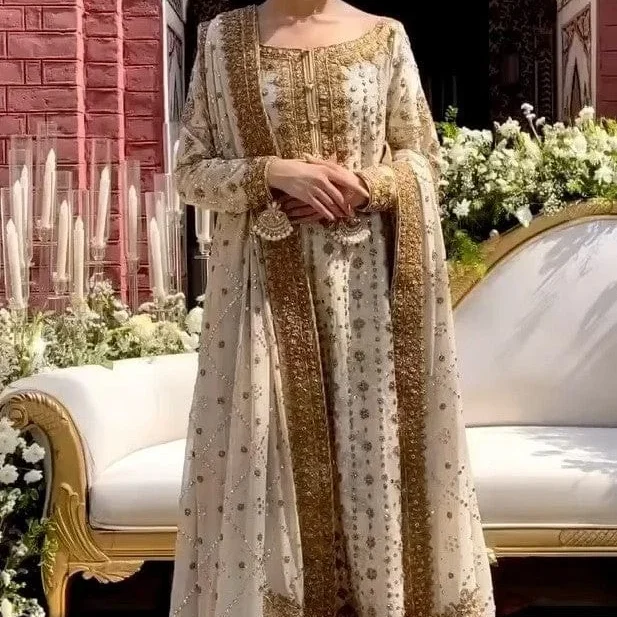 white wedding dress with gold embroidery Luxurious Lace Embroidery Wedding Dresses Long Sleeves Sheer Neck main image 0