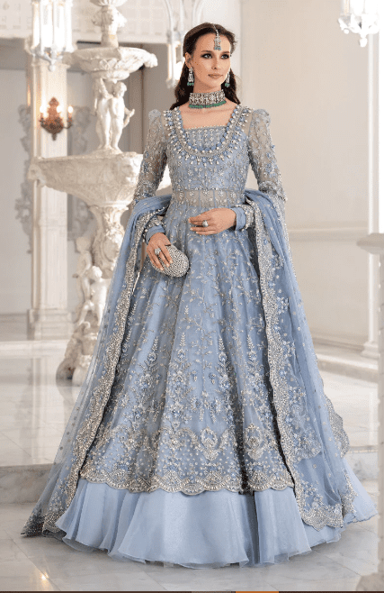 MariaB Ice Blue MC-041 Stitched Hand Made Work Long Maxi
