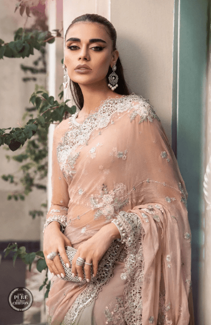 Alternative view of MARIA B MPC-23-105 Stitched Chiffon Saree Peach And Grey