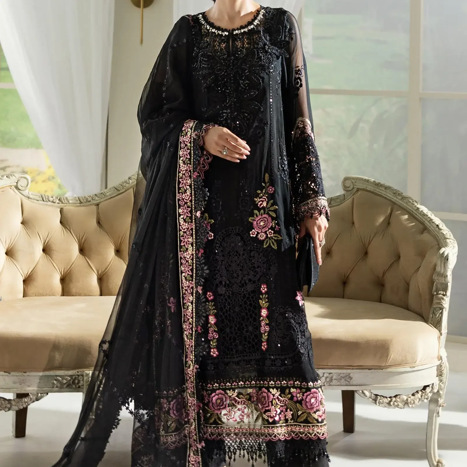 Maria B MPC-25-104 Black Chiffon Suit | Luxury 3D Outfit-Salai karai