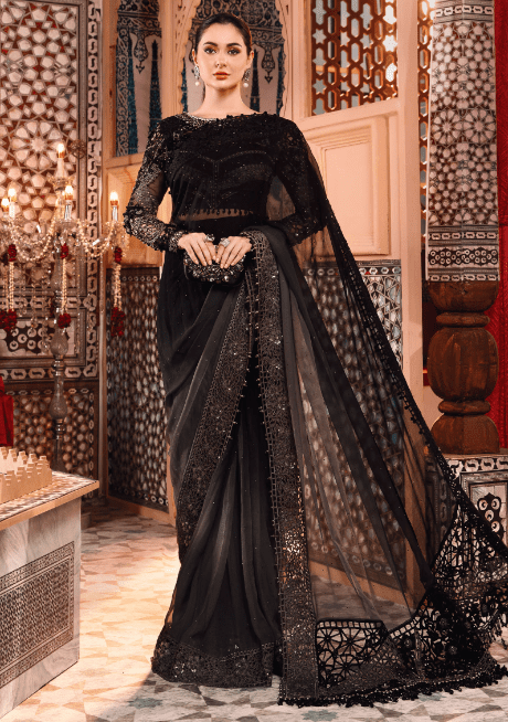 Maria b MBROIDERED Stiched Organza Grey and Black Saree (BD-2504)
