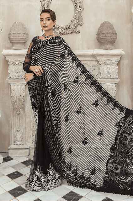 Maria B Striped Saree – Black and White Saree for Every Occasion