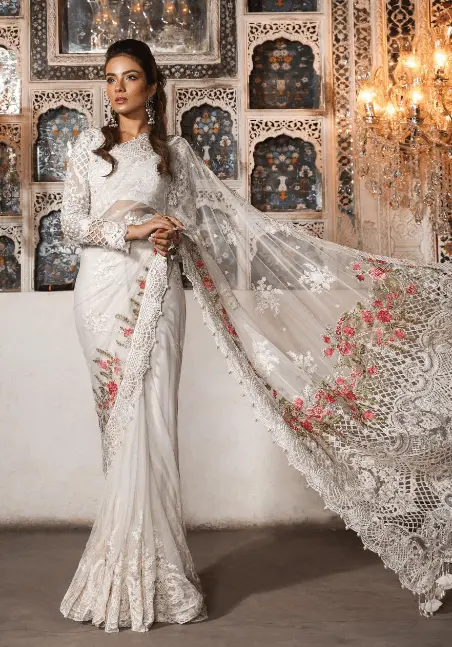 Maria B Embroidered Stitched White SAREE SARI