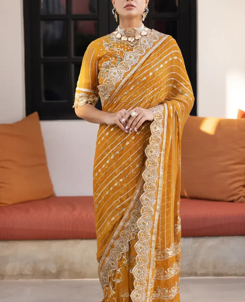 Mustard Yellow Saree with Embroidered Chiffon| Salai Karai USA