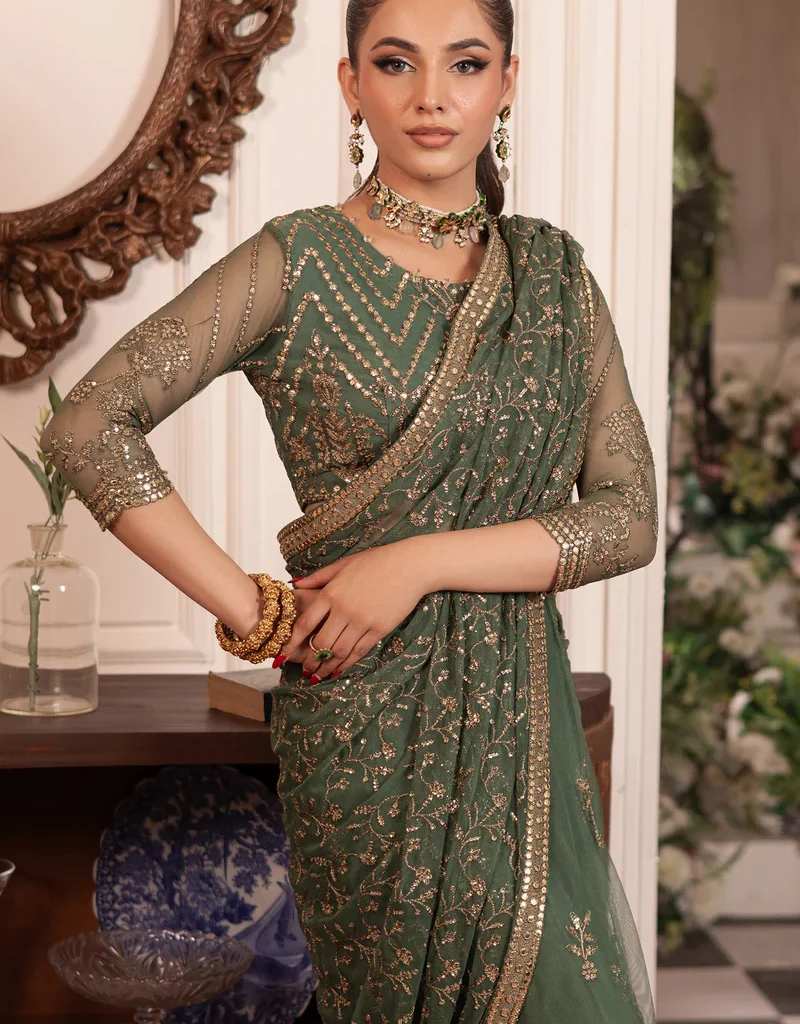 Alternative view of Olive Green Saree USA – Luxury Handcrafted Saree with Pearl & Zari Work