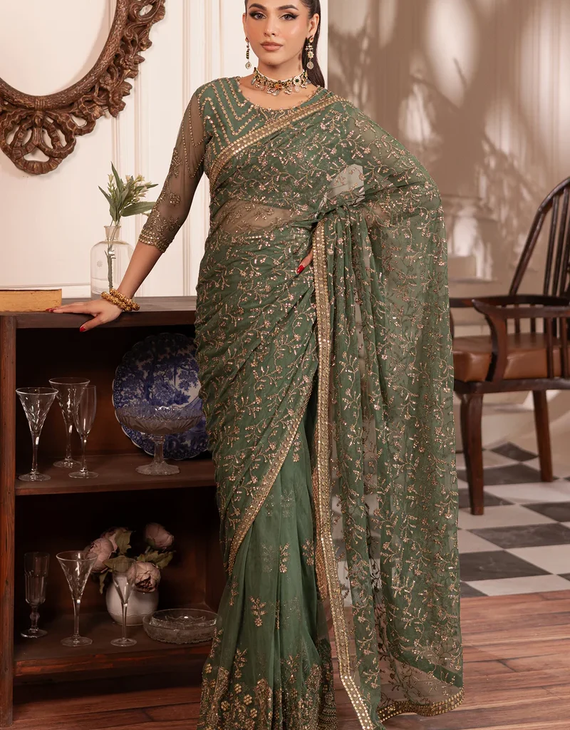 Olive Green Saree USA – Luxury Handcrafted Saree with Pearl & Zari Work