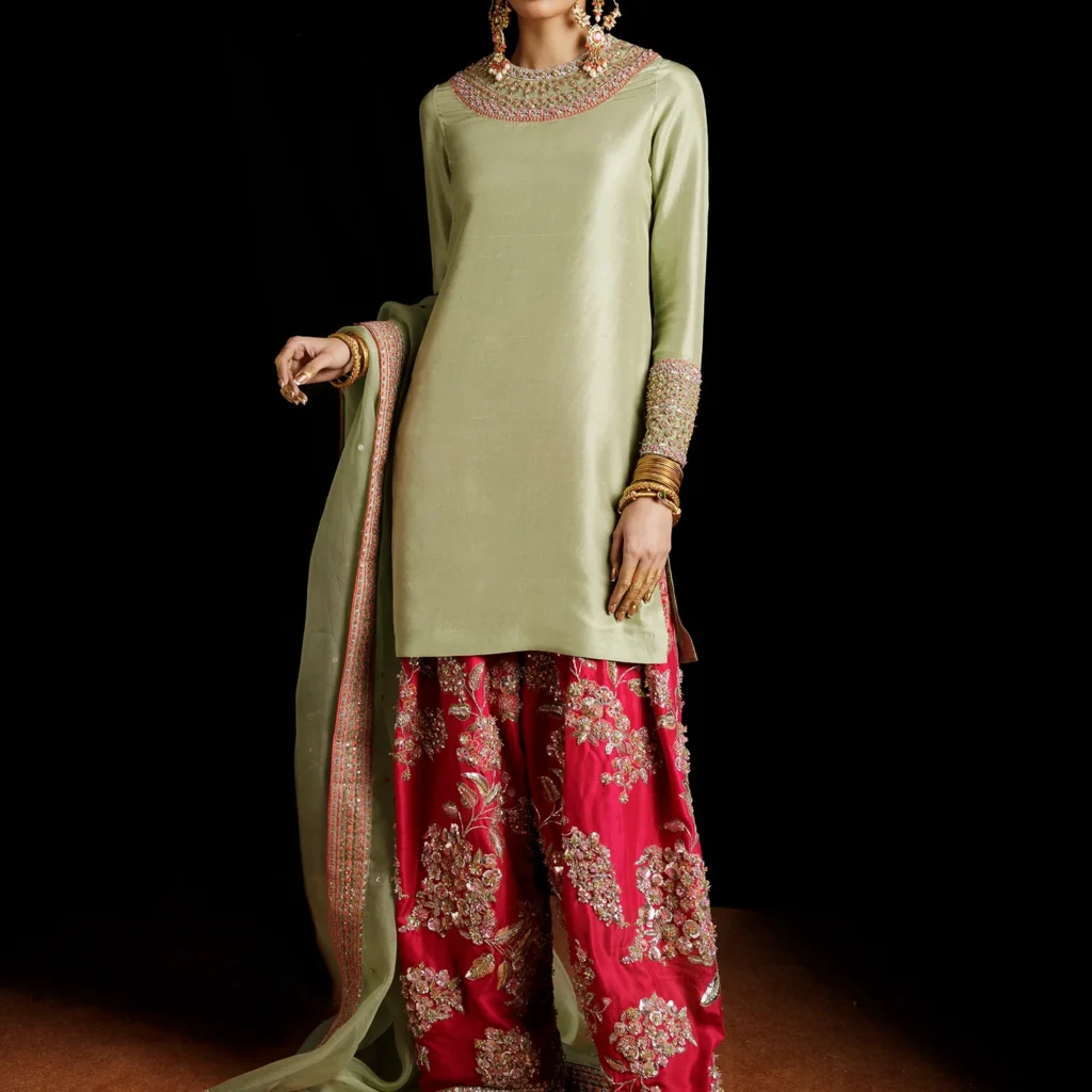 Pistachio Green Pakistani Mehndi Suit – Raw Silk Outfit by Salai Karai USA