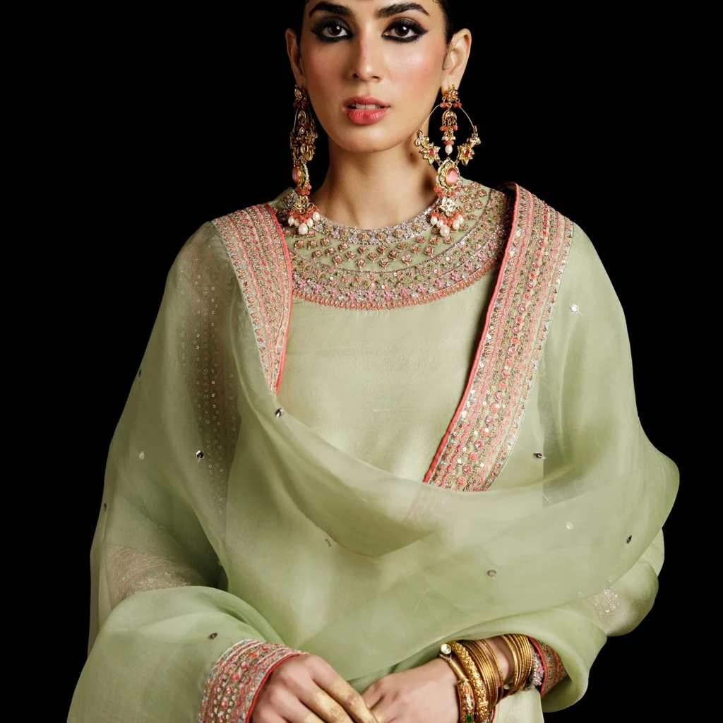 Alternative view of Pistachio Green Pakistani Mehndi Suit – Raw Silk Outfit by Salai Karai USA