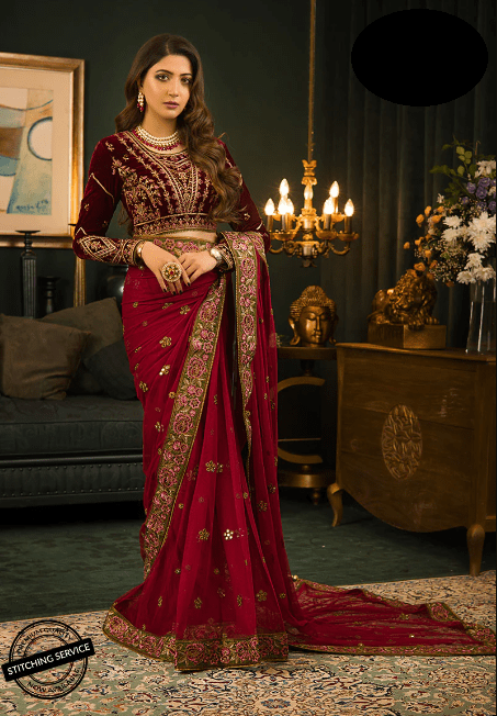 Party Wear Chiffon Stitched Embroidered Red Velvet Saree