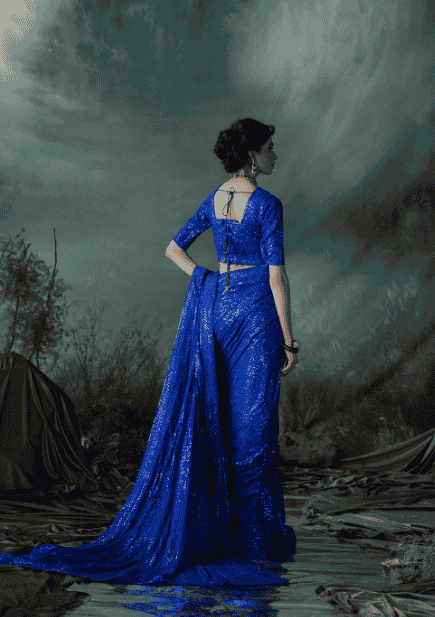 Alternative view of Royal Blue Embroidered Chiffon Saree – Custom Stitched