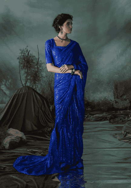 Royal Blue Embroidered Chiffon Saree – Custom Stitched
