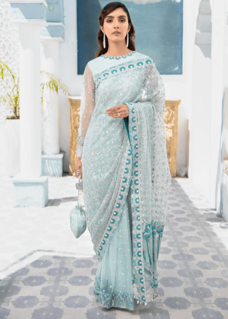 Party Wear stitched Aqua Green Embroidered Saree Sari