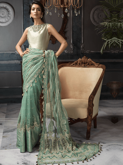 Alternative view of Party Wear Stitched Embroidered Aqua Mint Color Saree