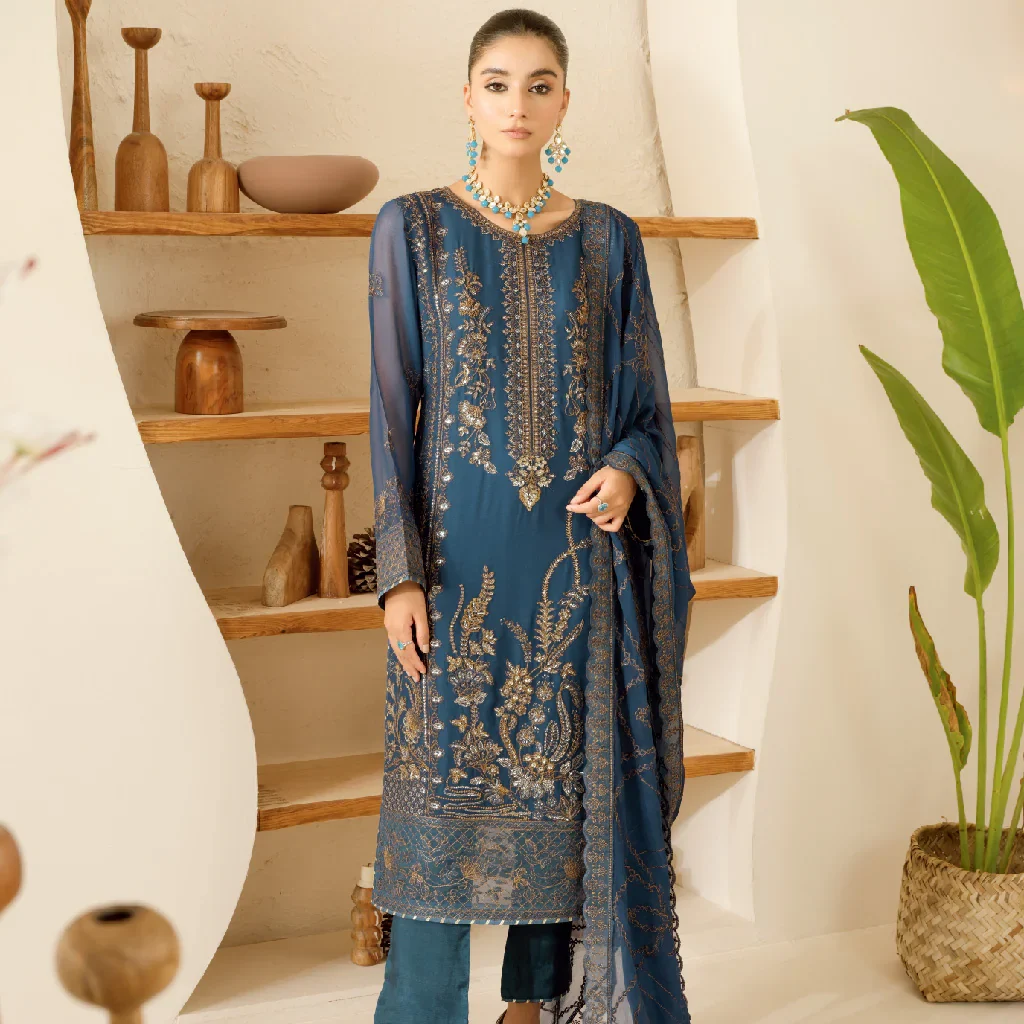 Elegant Blue Chiffon Salwar Kameez With Intricate Embroiderd
