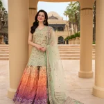 Faiza Saqlain Eldira embroidered lawn suit front view in mint green