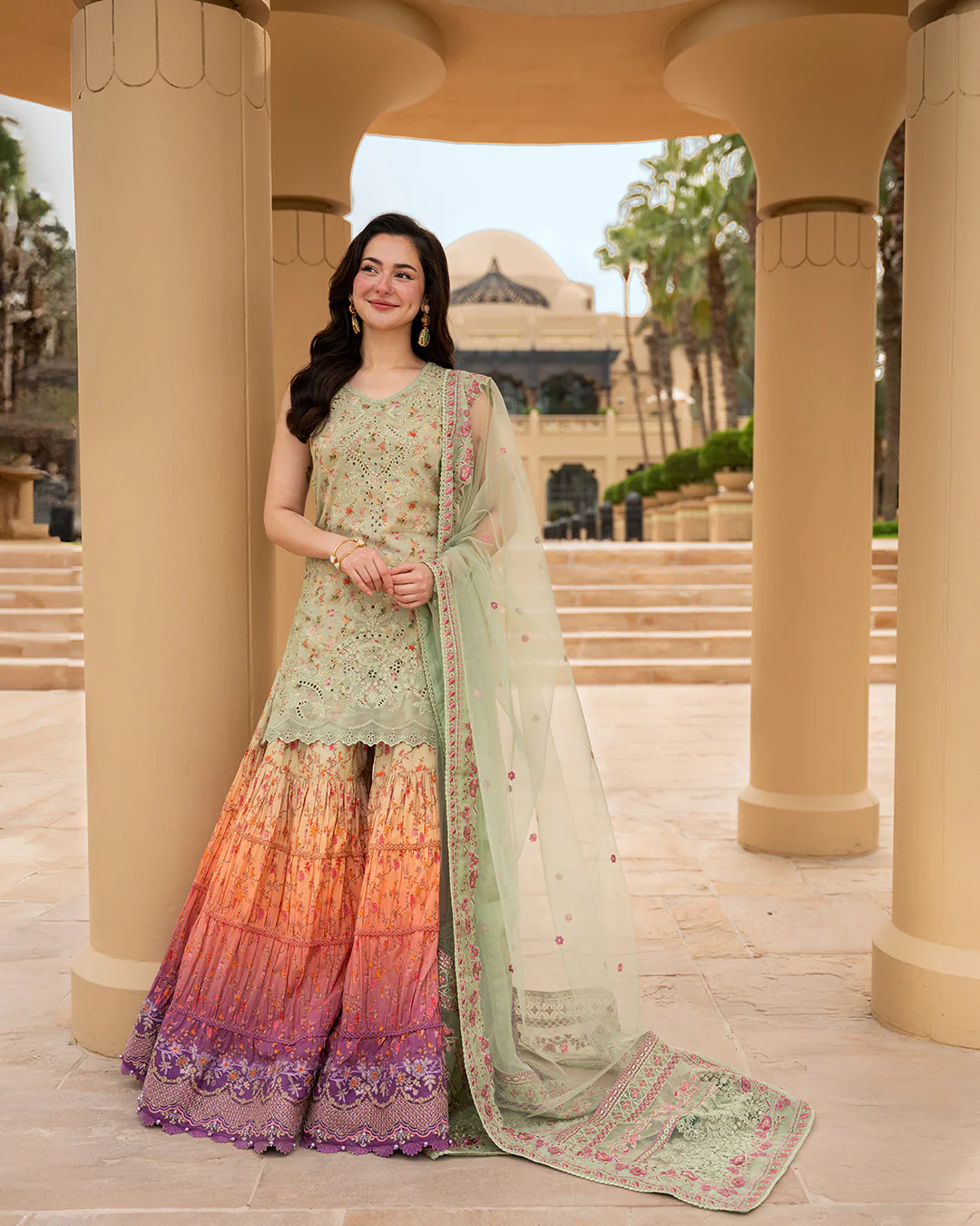 Faiza Saqlain Eldira embroidered lawn suit front view in mint green