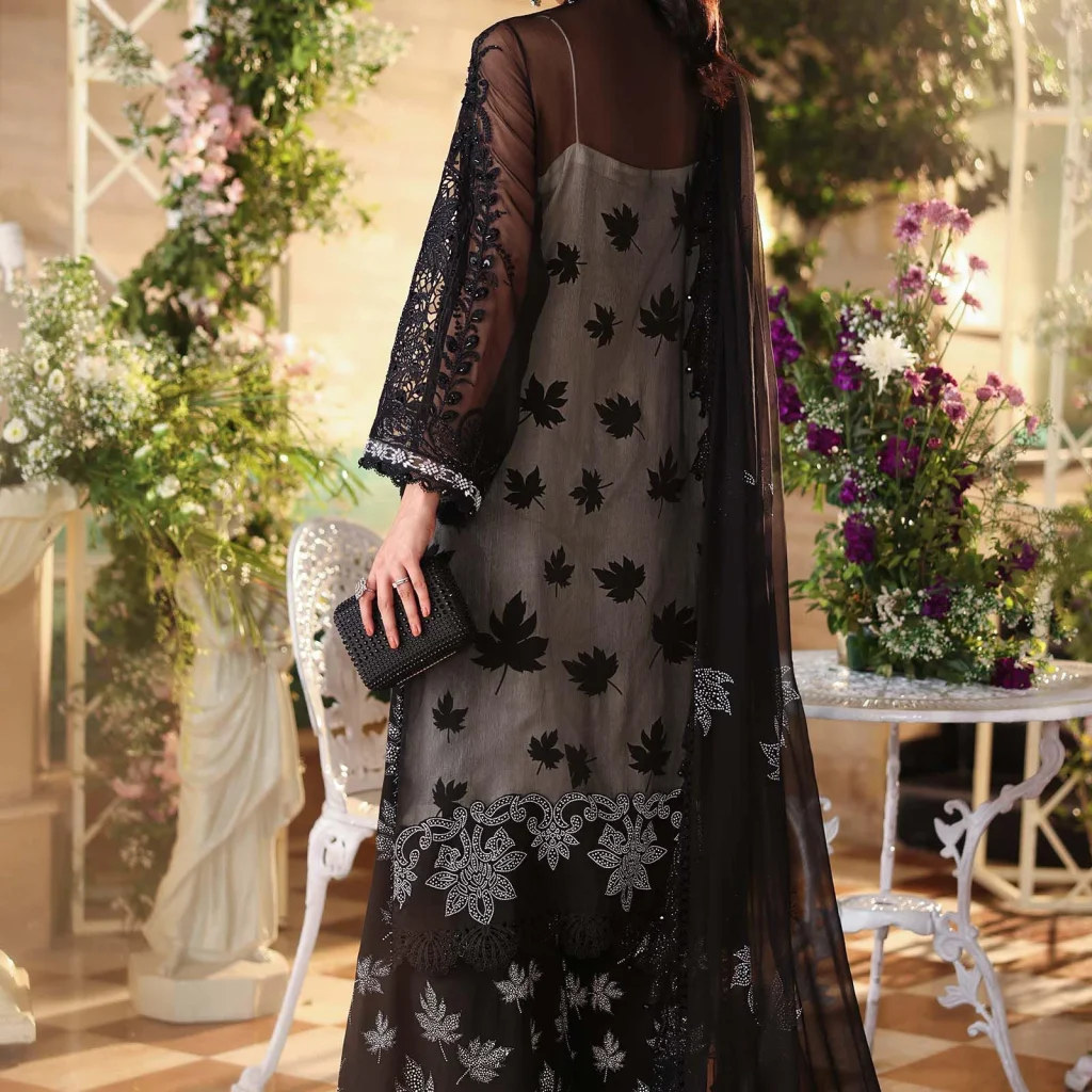 Back view of Maria B Chiffon Black MPC-26-101 suit with chiffon fabric