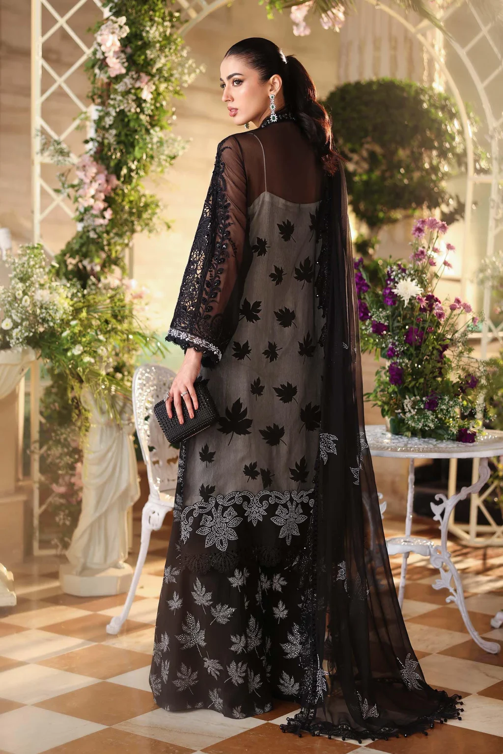 Back view of Maria B Chiffon Black MPC-26-101 suit with chiffon fabric