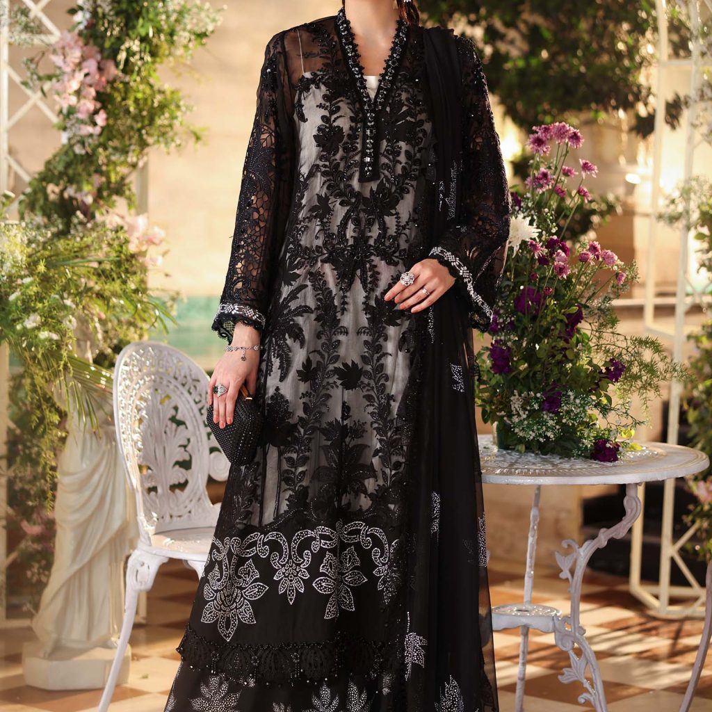 Front view of Maria B Chiffon Black MPC-26-101 embroidered suit