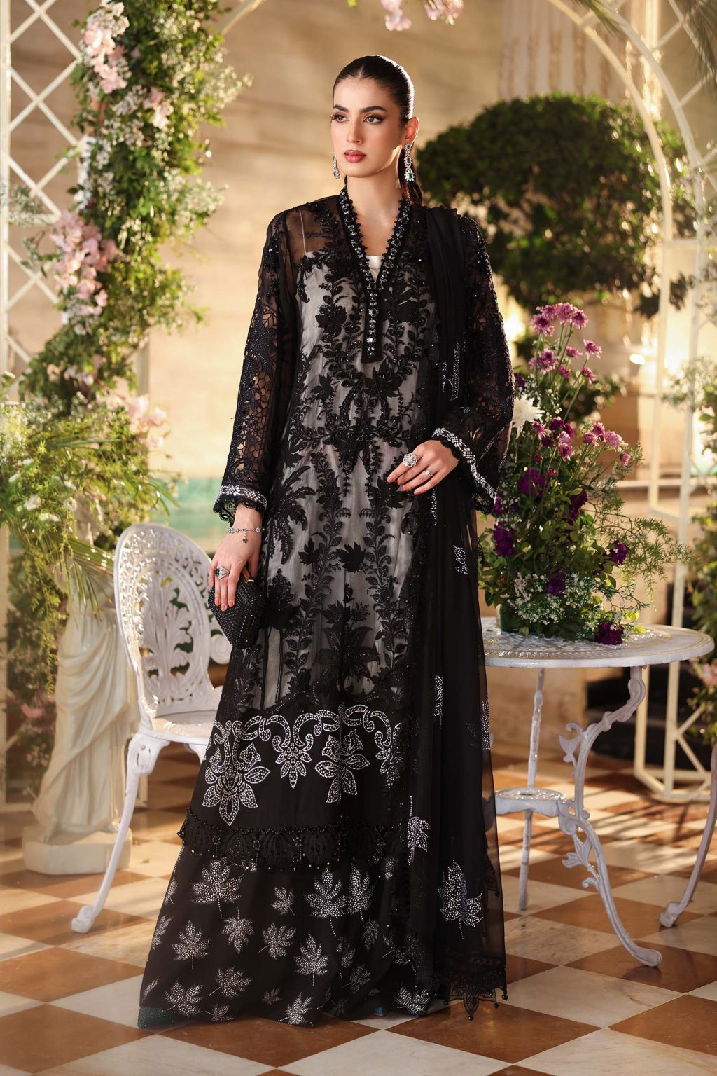 Front view of Maria B Chiffon Black MPC-26-101 embroidered suit