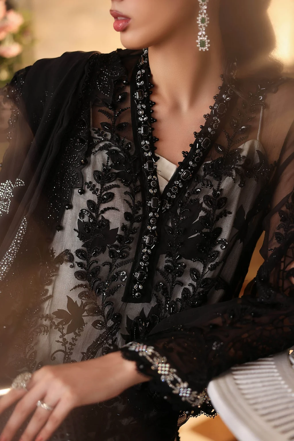 Neckline embroidery detail of Maria B Chiffon Black MPC-26-101