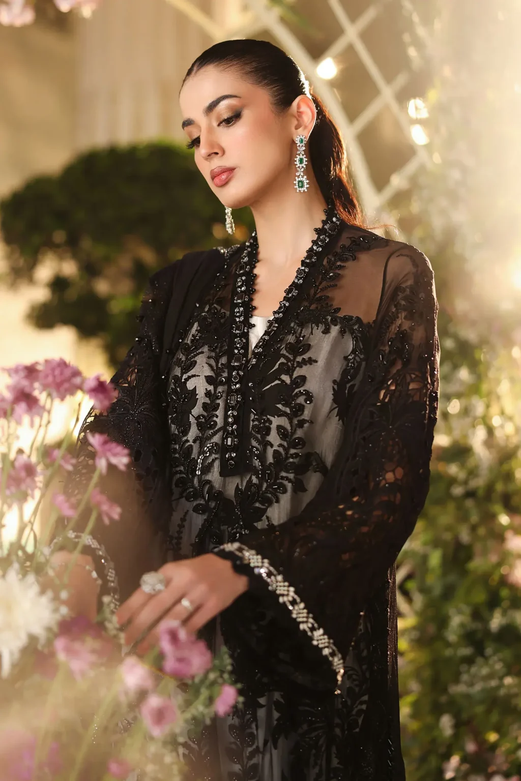 Side view of Maria B Chiffon Black MPC-26-101 embroidered sleeves