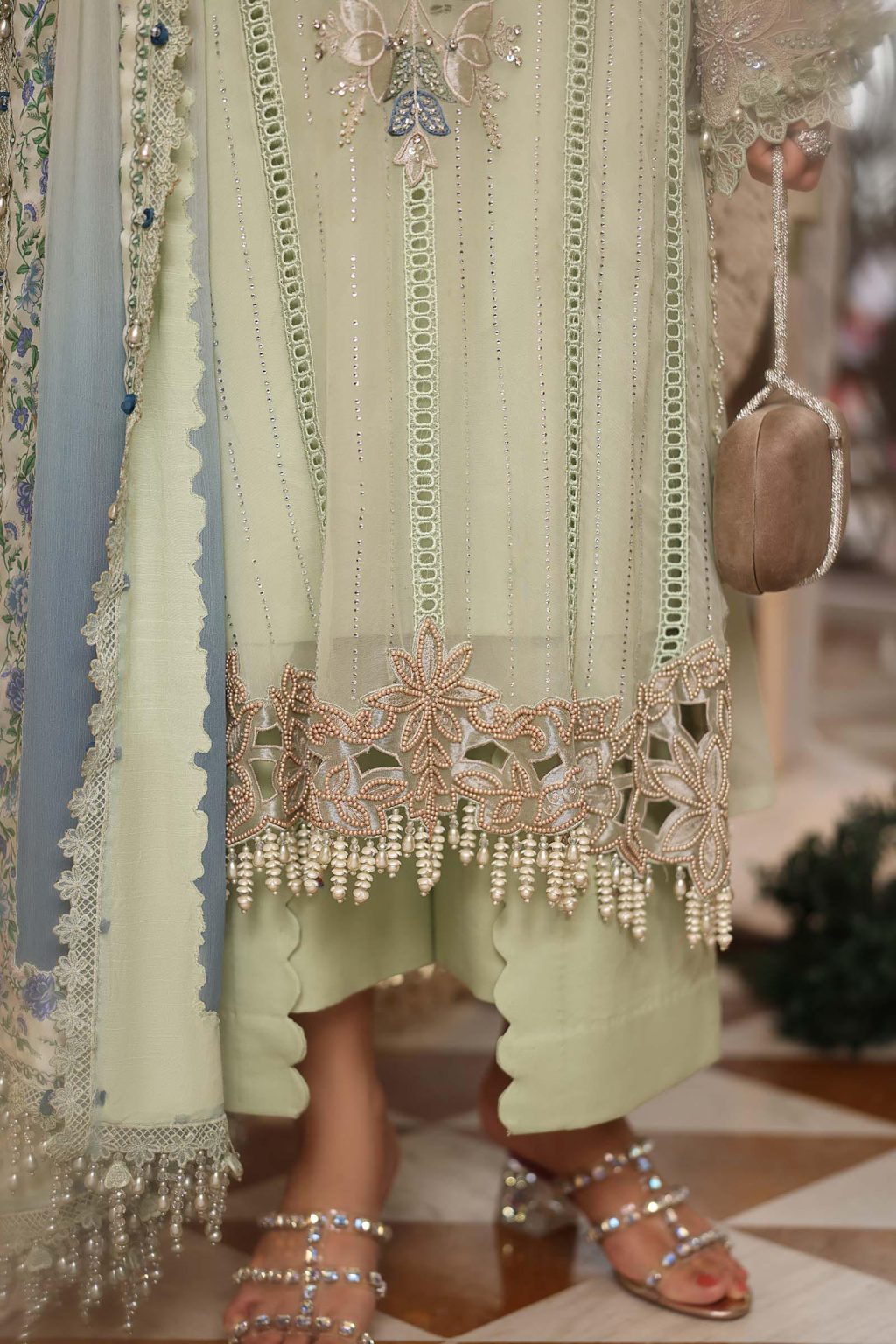 Close-up of embroidered daman detail on Maria B Chiffon MPC26105 Suit