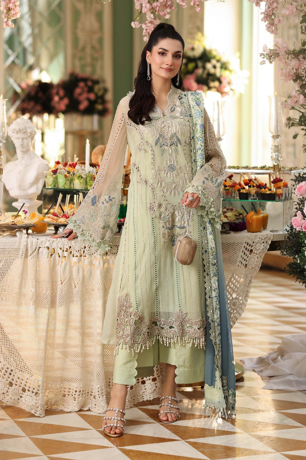Front view of Maria B Apple Green Chiffon MPC26105 Suit