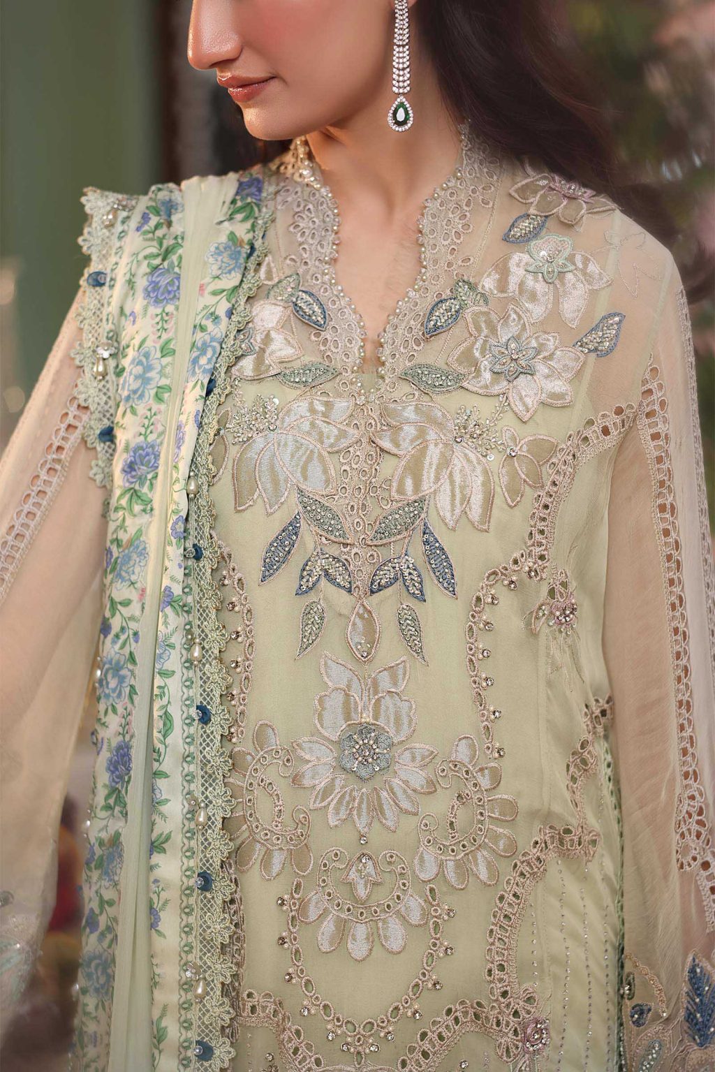 Neckline embroidery detail of Maria B Chiffon MPC26105