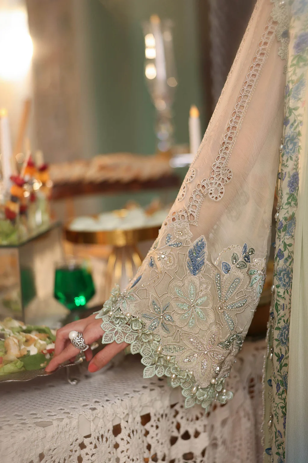 Close-up of embroidered sleeves on Maria B Chiffon MPC26105 Suit
