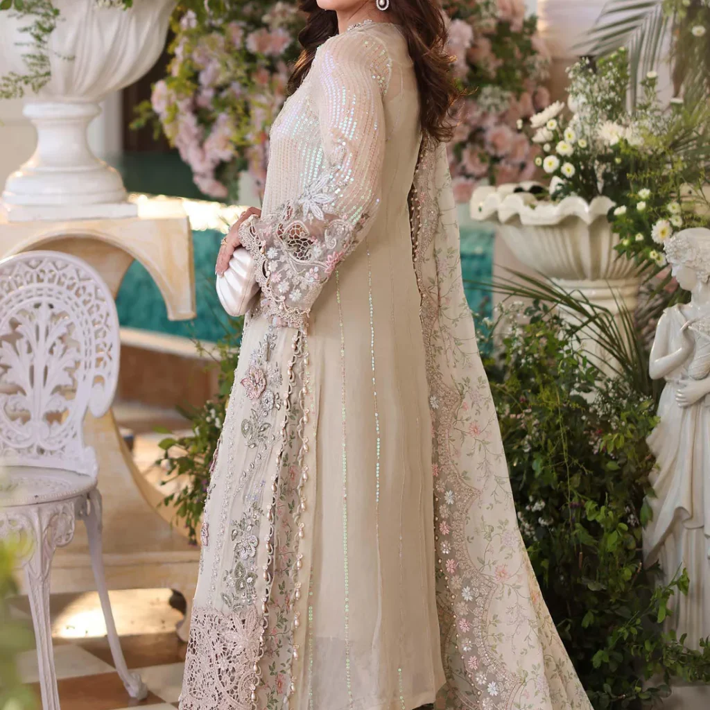 Back view of Maria B MPC-26-107 ivory beige chiffon suit