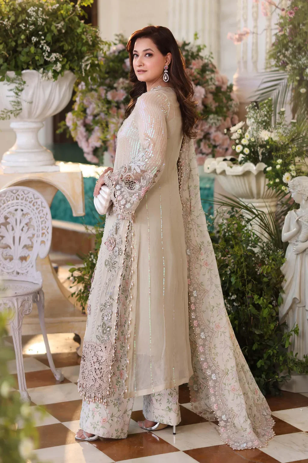 Back view of Maria B MPC-26-107 ivory beige chiffon suit