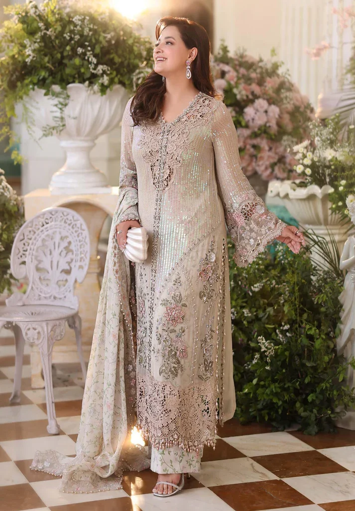 Front view of Maria B MPC-26-107 ivory beige chiffon suit