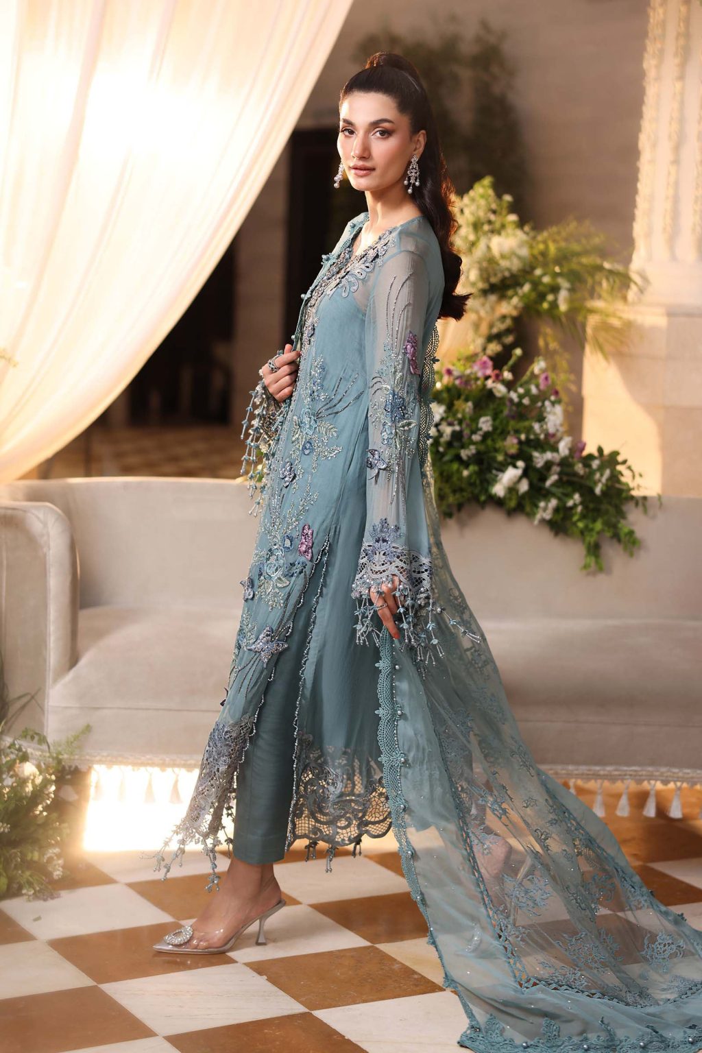 Side view of Maria B MPC-26-108 embroidered chiffon suit