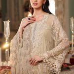 Close embroidery detail of Maria B Olive Gold MPC26103 suit