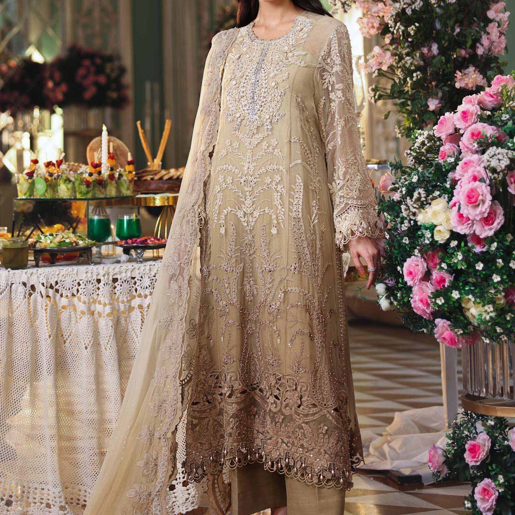 Front view of Maria B Olive Gold MPC26103 embroidered chiffon suit