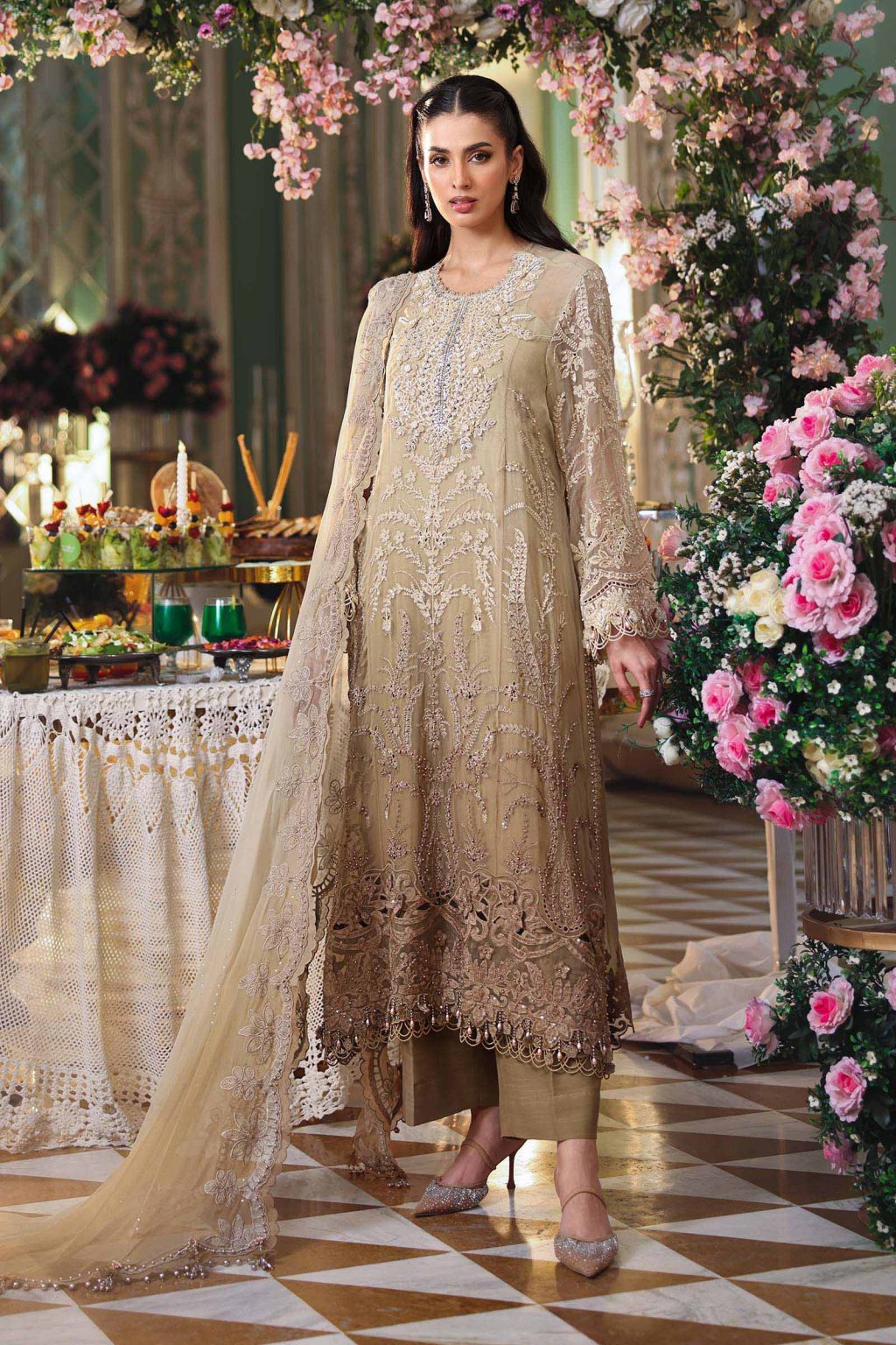 Front view of Maria B Olive Gold MPC26103 embroidered chiffon suit