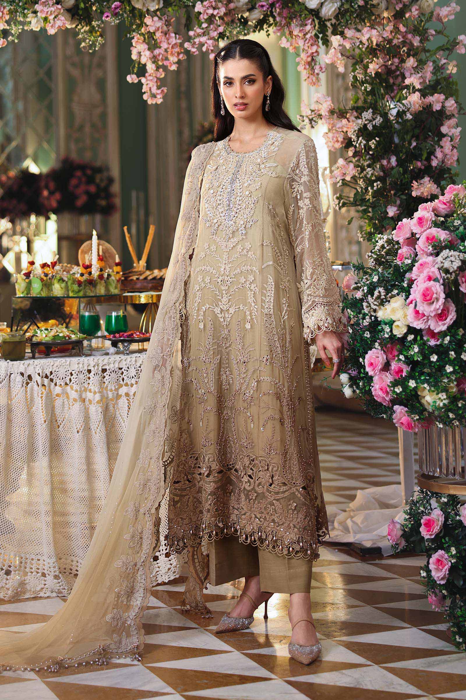 Front view of Maria B Olive Gold MPC26103 embroidered chiffon suit