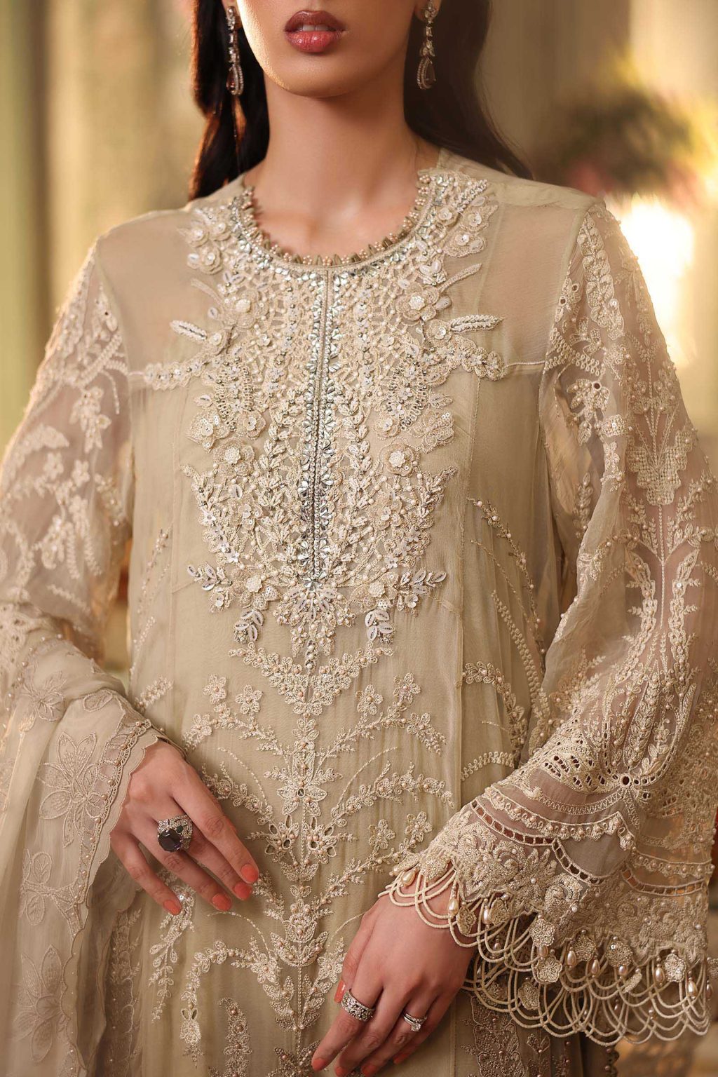 Neckline embroidery detail of Maria B Olive Gold MPC26103 suit