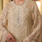 Neckline embroidery detail of Maria B Olive Gold MPC26103 suit
