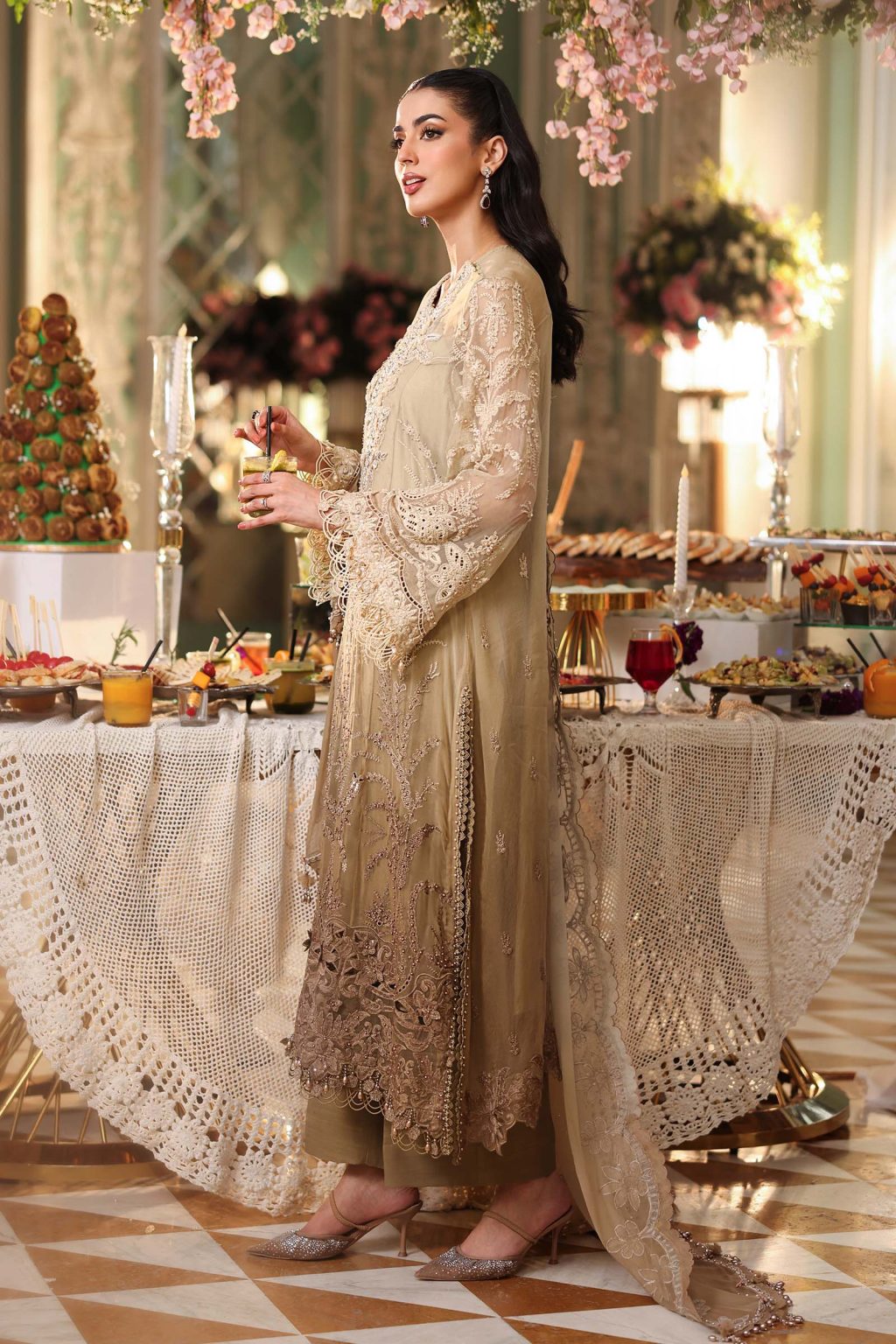 Side view of Maria B Olive Gold MPC26103 embroidered suit