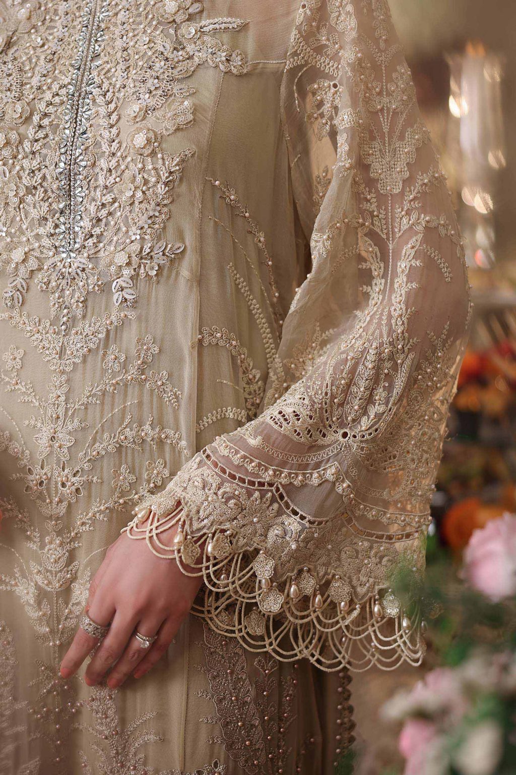 Embroidered sleeves of Maria B Olive Gold MPC26103 chiffon suit