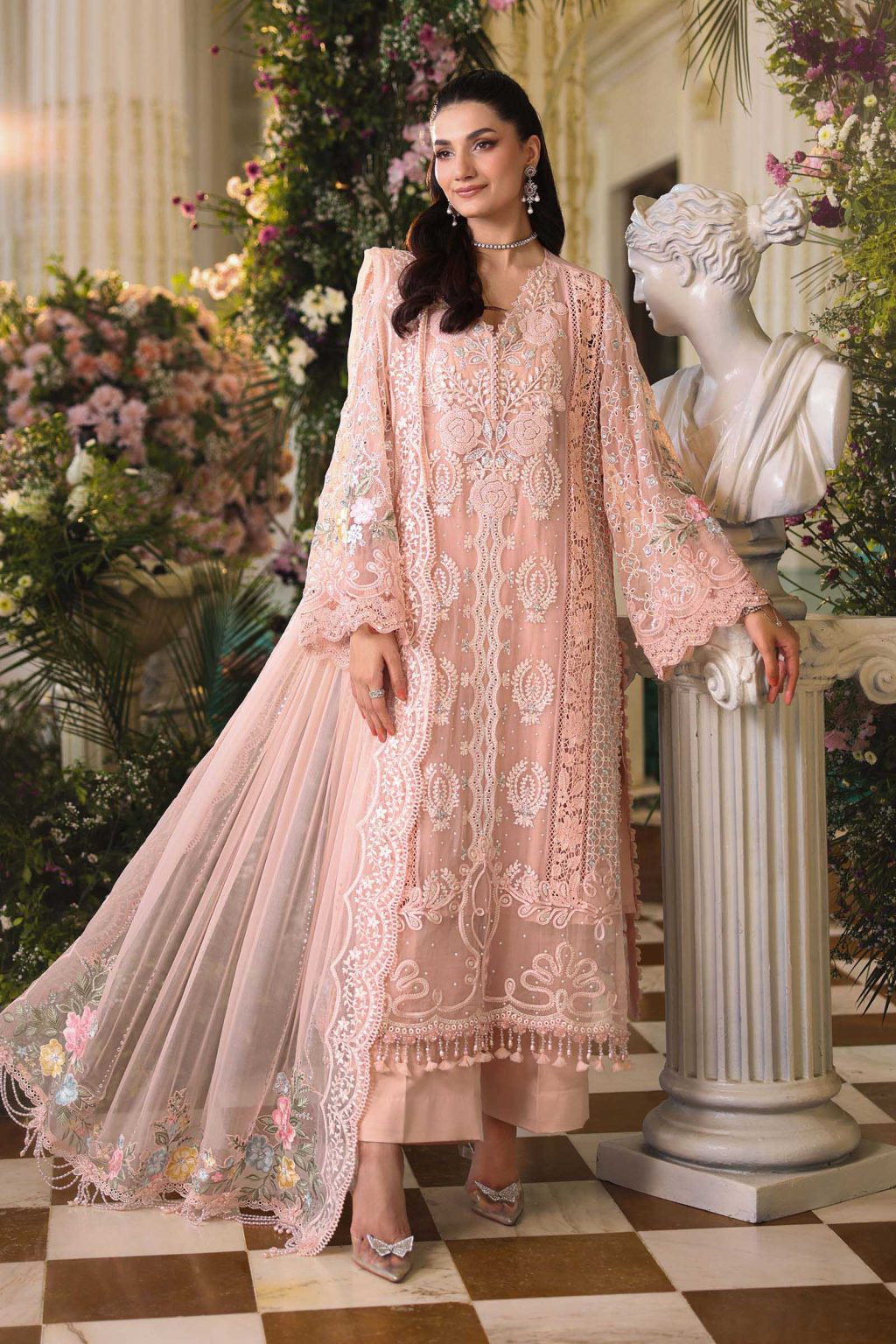 Front view of Maria B Peach Pink MPC26104 embroidered chiffon suit