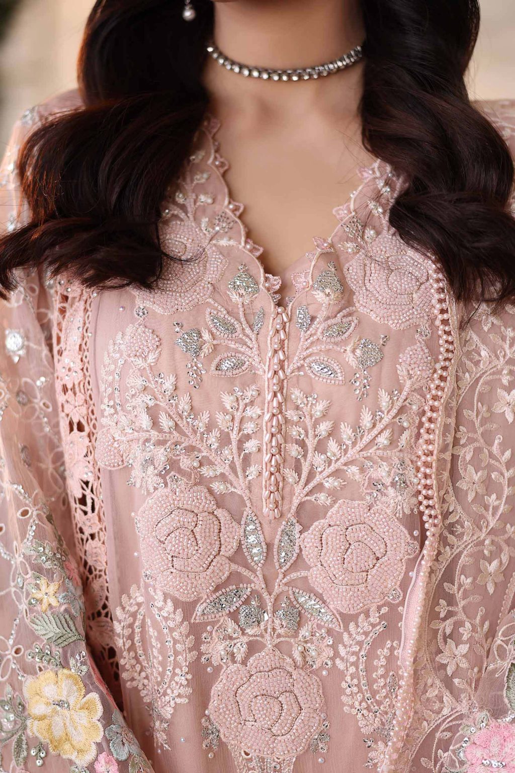 Neckline embroidery of Maria B Peach Pink MPC26104 suit