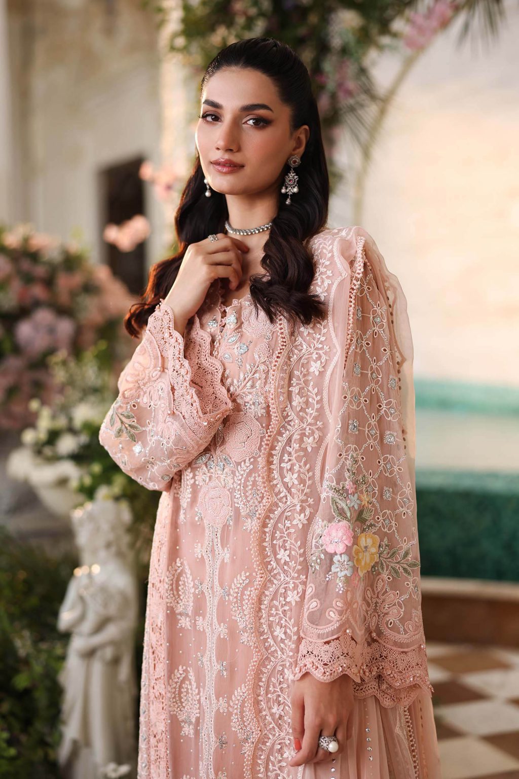 Embroidered sleeves of Maria B Peach Pink MPC26104 chiffon suit