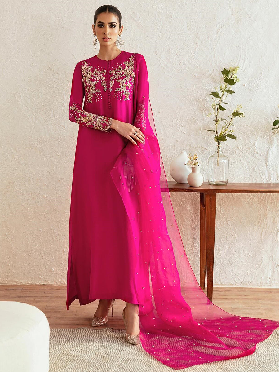 Myra Luxury Shocking Pink Long Shirt with Hand Ada Work