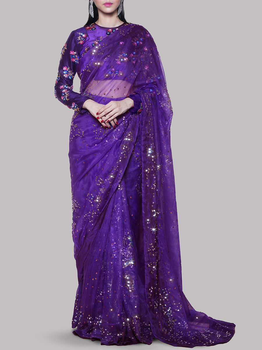 Luxurious Prism Violet Sari with intricate handwork
